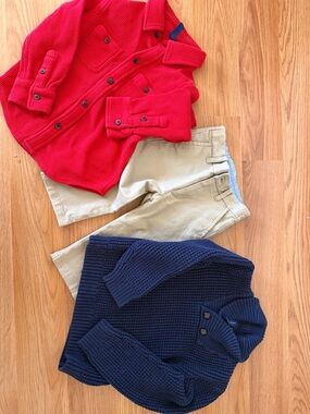Janie and Jack Red & Navy Knit Cardigans with Tan Pants
